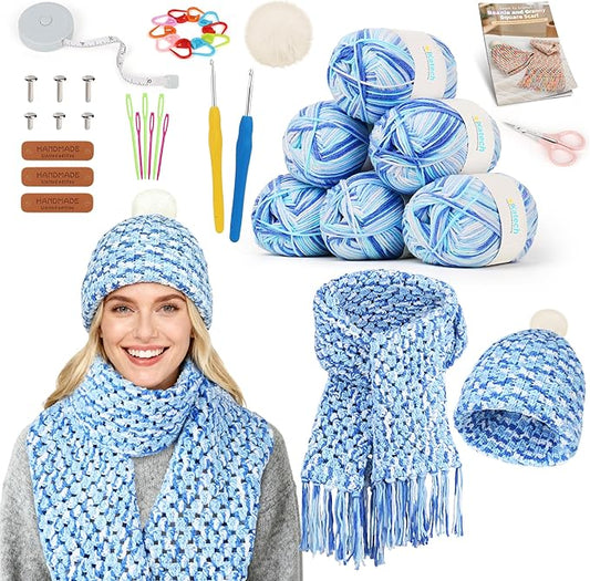 katech crochet kit for beginner-crochet kit for adults - complete set learn to crochet hat, scarf, knitting starter kit with step-by-step instructions 6 crocheting yarn (blue)