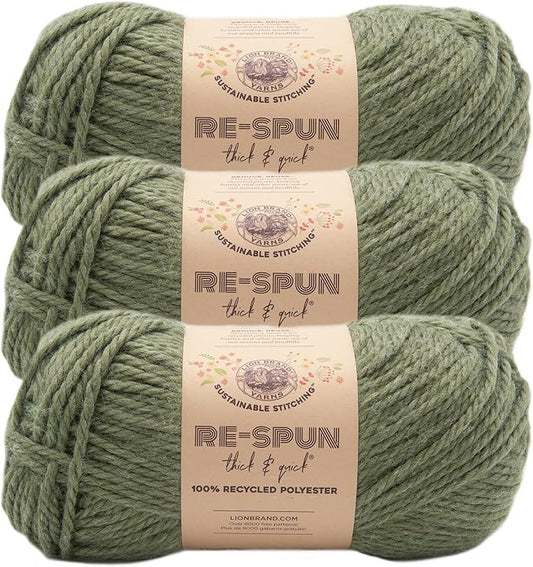 Lion Brand Yarn, Re-Spun Thick & Quick Super Bulky Yarn for Knitting, Crochet, and Crafts, Evergreen, 3 Pack, Soft Fiber for Chunky Blankets, Bulky Throws, and Cozy Sweaters