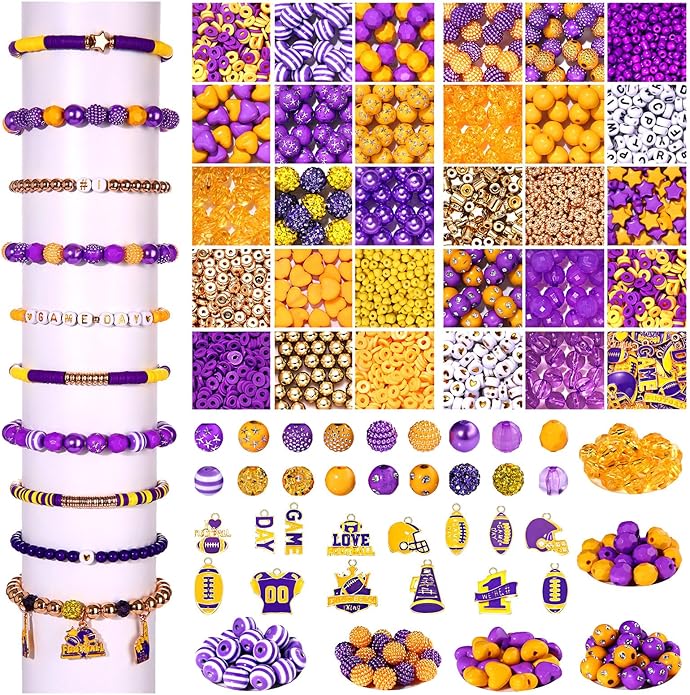 2200PCS+ Game Day Beads Charms for Bracelet Making Polymer Clay Beads Crystal Pearl Letter Gold Spacer Beads Football Charms for Game Day Bracelet Necklace Making DIY Crafts