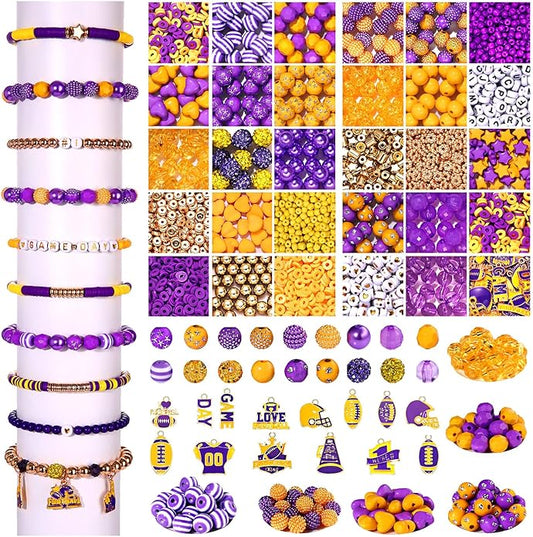 2200PCS+ Game Day Beads Charms for Bracelet Making Polymer Clay Beads Crystal Pearl Letter Gold Spacer Beads Football Charms for Game Day Bracelet Necklace Making DIY Crafts