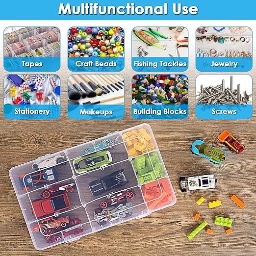 BTSKY 1 PCS Plastic Washi Tape Organizer, Adjustable 15-Grid Compartment Washi Tape Storage Case, Clear Sticker Storage Box for Scrapbook Organizers and Storage, Universal Jewelry Box Bead Organizer