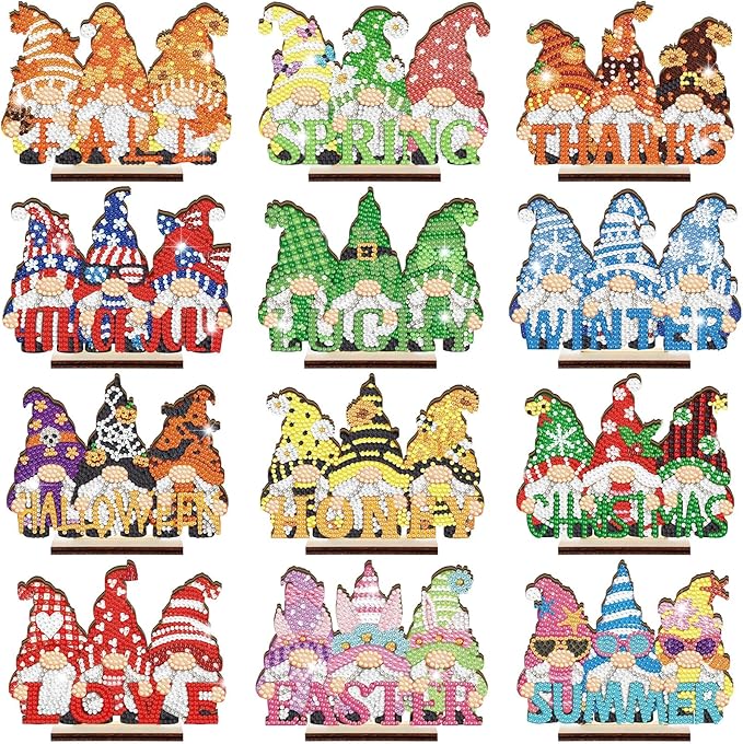 YooNotee 12 Sets Interchangeable Seasonal Diamond Art Tabletop Decorations Holiday Diamond Art Painting Kit with 12 Wood Base for Table Tiered Tray Decor Craft Graduation Centerpiece (Gnome)