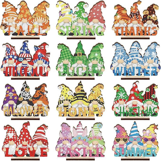 YooNotee 12 Sets Interchangeable Seasonal Diamond Art Tabletop Decorations Holiday Diamond Art Painting Kit with 12 Wood Base for Table Tiered Tray Decor Craft Graduation Centerpiece (Gnome)