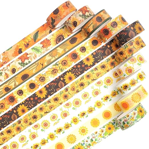 YUBX Sunflower Washi Tape Set 10 Rolls Floral Print Decorative Sun Flowers Masking Tapes for Arts, DIY Crafts, Journals, Planners, Scrapbook, Wrapping