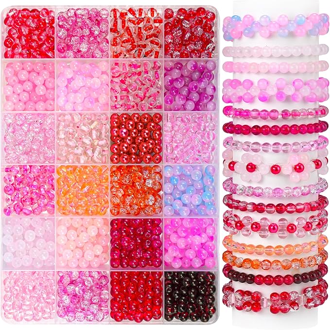 1200PCS 6mm Pink Glass Beads for Bracelets, 24 Colors Red and Pink Series Crystal Beads Bracelet Making Kit and Jewelry Making, Round Bracelets Beads for Friendship Bracelets Necklace DIY Crafts