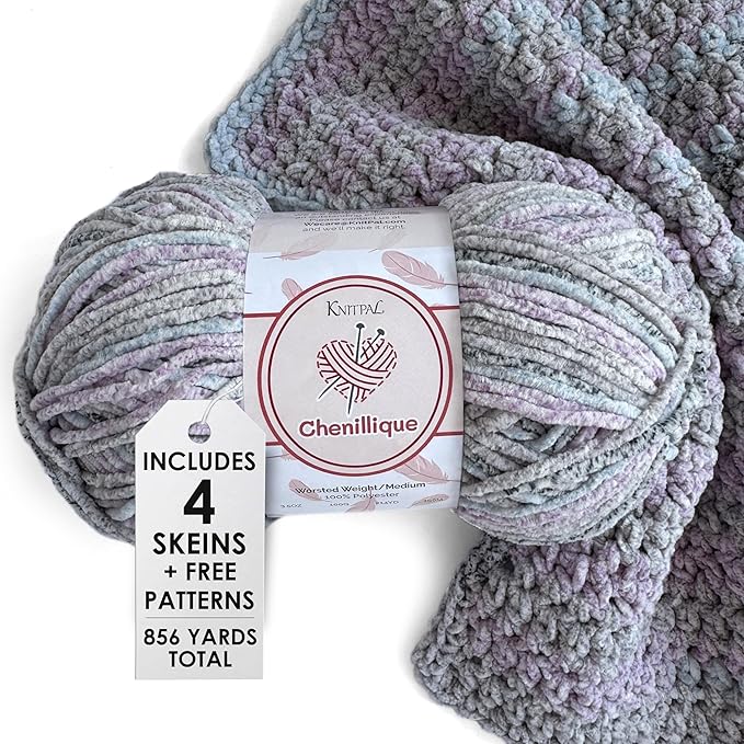 Chenillique Velvet Chenille Yarn for Crocheting, 4-Pack (856Yds / 400G), Free Patterns, Beginners Friendly - Soft Baby Yarn for Knitting Baby Blanket - #4 Medium Worsted Weight - Silver Frost