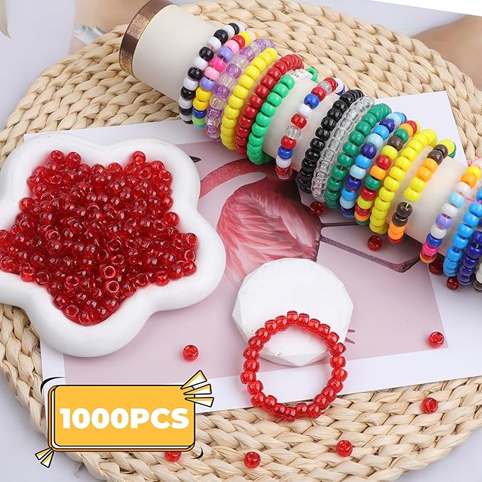 Plastic Pony Beads, 1000 Pcs, 6x9mm, for Bracelet, Hair Braiding, Friendship Bracelets, Jewelry Making (Red Glitter)