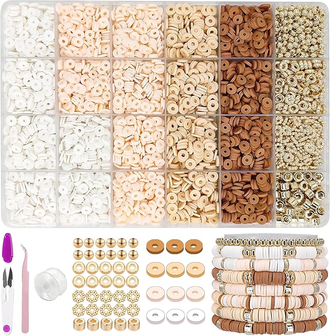 MIIIM Neutral Clay Bead Bracelet Kit, Heishi Beads, Flat Clay Beads and Gold Spacer Beads for Jewelry Making, Friendship Bracelet Beads Kit for Crafts, Concert, Raves, Gifts (Camel Coral)