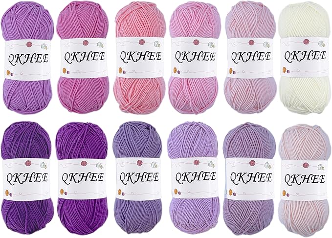 QKHEEYarn for Crocheting and Knitting 12 * 1.76 Oz (50G) /195yd,Fine/Fingering Weight (1), 60% Cotton 40% Acrylic Soft Yarn kit for Making Granny Squares and amigurumi(Elegant)