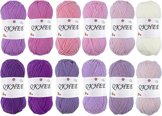 QKHEEYarn for Crocheting and Knitting 12 * 1.76 Oz (50G) /195yd,Fine/Fingering Weight (1), 60% Cotton 40% Acrylic Soft Yarn kit for Making Granny Squares and amigurumi(Elegant)