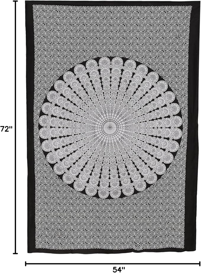 bless international handmade indian hippie bohemian psychedelic peacock mandala wall hanging college dorm beach throws table cloth bedding tapestry (black white, twin(54x72inches)(140x185cms))