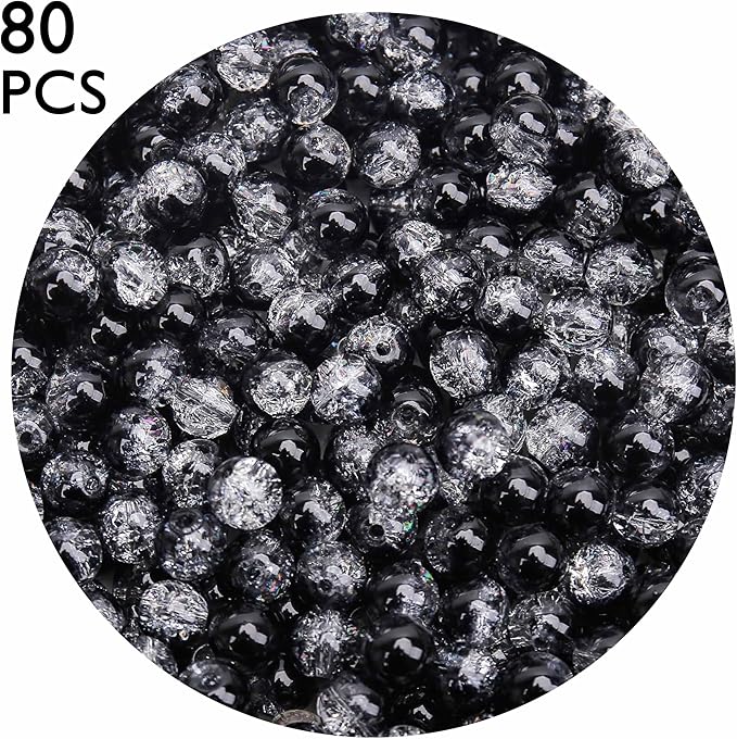 80PCs 10mm Black Crackle Glass Beads Bulk, Round Smooth Hole Glass Crystal Beads for Jewelry Making, DIY Bracelets, Necklaces, Bag Charms, Keychains and Craft Projects