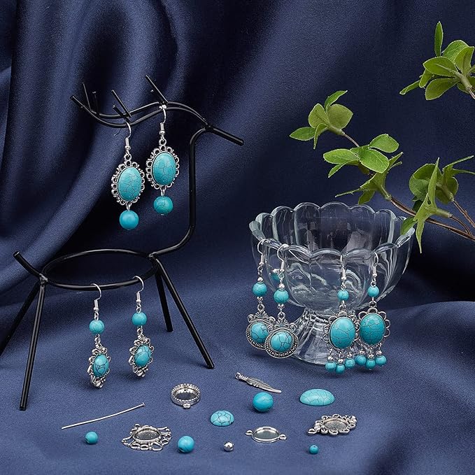 SUNNYCLUE 1 Box DIY 10 Pairs Turquoise Bead Earrings Making Kit Alloy Enamel Leaf Pendants Charms with Turquoise Beads Eye Pin & Earring Hooks for DIY Earring Jewelery Making, Antique Silver
