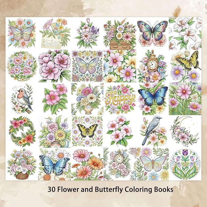 ZHIJIANHZ Adult Coloring Book for Women with Floral and Butterfly Designs,6.7x6.7 Inch 30 Pages for Relaxation and Stress Relief, Beautiful Flowers and Garden Scenes for Anxiety Relief