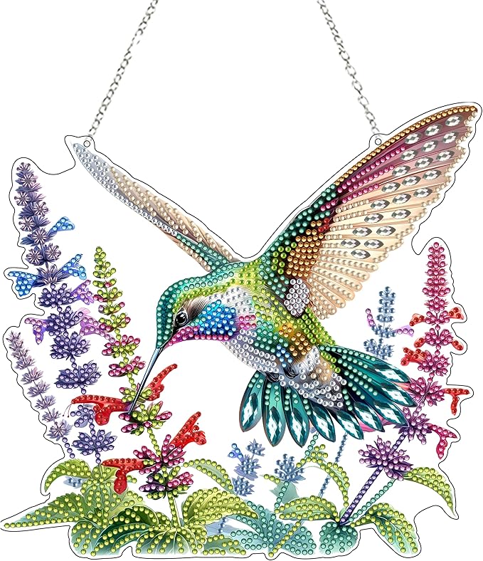 JJFox Diamond Art Hanging Kit for Adult,Special Shaped Rhinestone,DIY Acrylic 5D Diamond Art Painting Window Pendants Home Garden Wall Hanging Kits Hanging Ornament (Hummingbird)