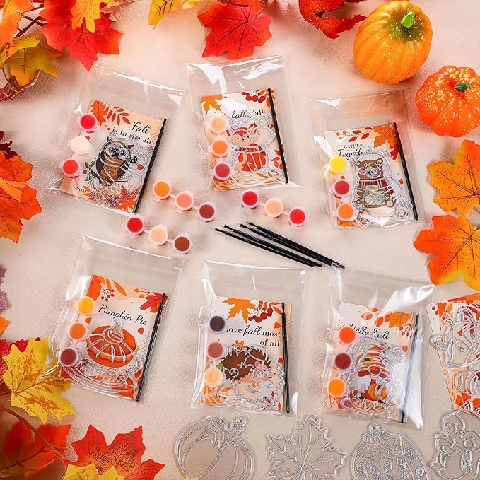 Geelin 24 Sets Fall Thanksgiving Suncatchers Ornaments Decorations DIY Window Paint Art Suncatchers Craft Kits Fall Leaf Pumpkin Sun Catchers for Autumn Harvest Party Classroom Activity Art Project