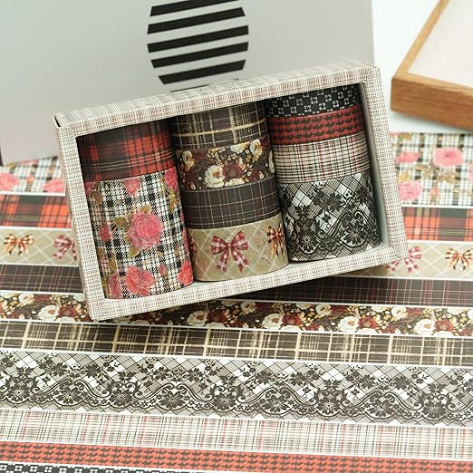 10 Rolls Vintage Floral Washi Tape Set Pastel Plaid Arts Adhesive Tapes Soft Colors Decorative Masking Tape Sets for Craft, Kids, Scrapbook, DIY, Gift Wrapping (Rose Plaid)