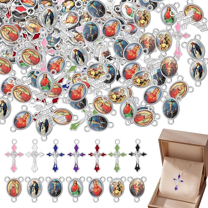 220 Pcs/ 110 Set Rosary Making Kits Supplies Cross and Center Medal Charm Alloy Picture Religious Charms Crucifix Pendant for DIY Prayer Bracelet Necklace Jewelry