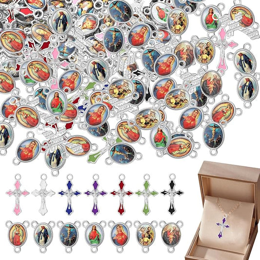 220 Pcs/ 110 Set Rosary Making Kits Supplies Cross and Center Medal Charm Alloy Picture Religious Charms Crucifix Pendant for DIY Prayer Bracelet Necklace Jewelry