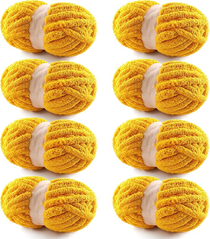 8 Pack Chunky Yarn for Hand Knitting - Chunky Chenille Blanket Yarn for Crocheting - Jumbo Fluffy Yarn for Crochet - Super Bulky Yarn 25 yds 7.7 oz Each Skein (Golden)