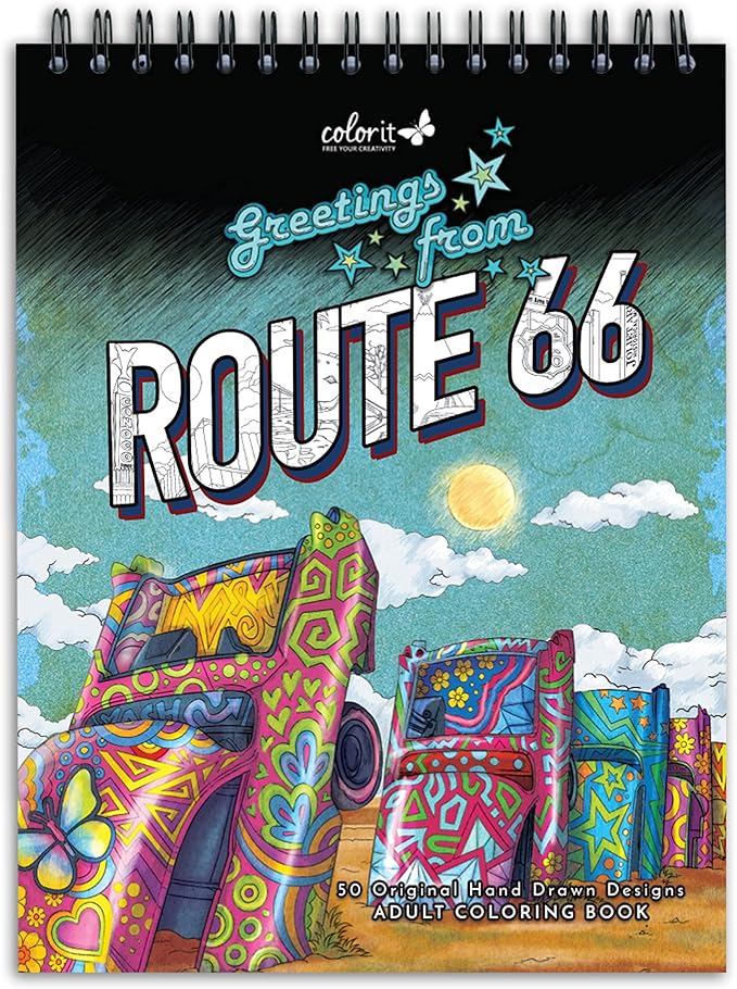 ColorIt Route 66 Adult Coloring Book, 50 Iconic Stops, Sights, and Signs Along America’s Main Street, Printed on Thick Paper with Spiral Binding, Hardback Book Cover, Perforated Edges, and Ink Blotter