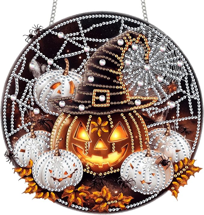 Reofrey Hanging Diamond Art Kits for Adults - 8x8 Inch Halloween Pumpkin Acrylic Board Double Sided Pattern Diamond Art Suncatcher Pendant, Crystal Art for Home Wall Windows Decoration Handmade Gift