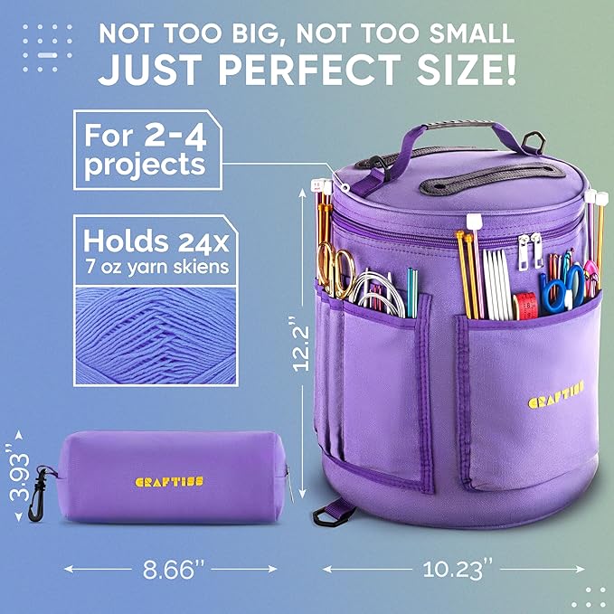 CRAFTISS Knitting Bag Yarn Storage - Gift for Crocheters - Durable Canvas Yarn Holder for Crochet Accessories - Organizer Crochet Bag with Knitting Accessories Case (Purple)