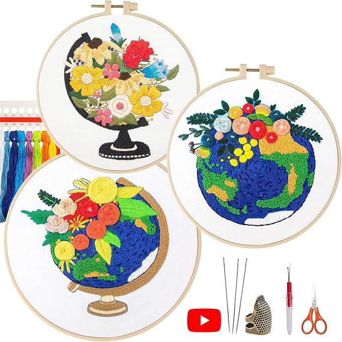 lx lermx embroidery kits for beginners, adult starter cross stitch kit needlepoint complete diy kit with unique patterns, hoop, colorful threads, tools, step by step instructions & video tutorial