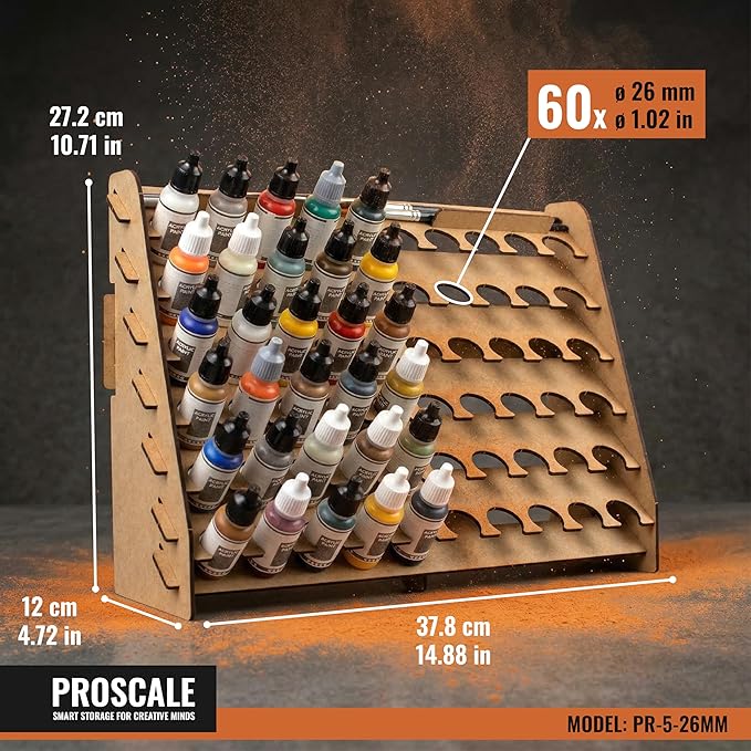 Wall Paint Rack Organizer for Miniatures & Modeling, Vertical Paint Stand with 26mm Dropper Holes + Top Brush/Tool Holder, Compatible with Vallejo, Army Painter, AK (26mm)