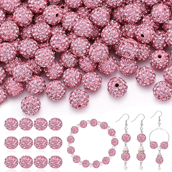 200 pcs pink rhinestone beads for jewelry making, sparkle crystal clay christmas for bracelet baseball necklace earring crafting and diy, shiny round shamballa disco ball beads bulk