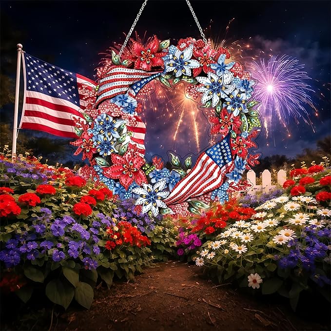 5D Diamond Art Hanging Kit for Adult,Special Shaped Rhinestone,Double Sided DIY Acrylic Diamond Art Painting Window Pendants Home Garden Wall Hanging Kits Hanging Ornament (Independence Day Wreath)