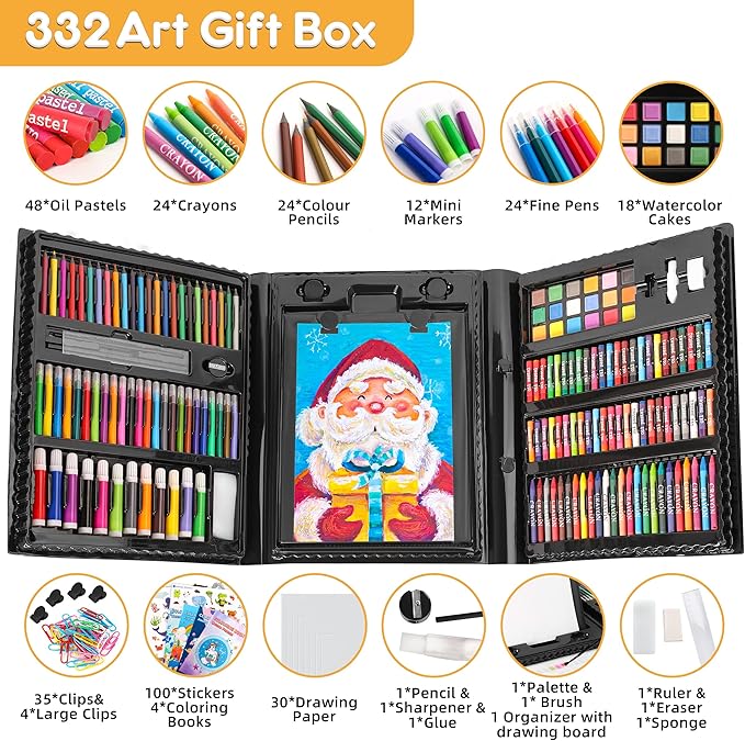 Art Supplies 332 Piece Drawing Art Kit Gifts for Girls Boys Kids Teens Gifts Art Set Case with Double Sided Trifold Easel, Stickers, Sketch Paper, Coloring Book, Pastels, Crayons, Pencils (Black)