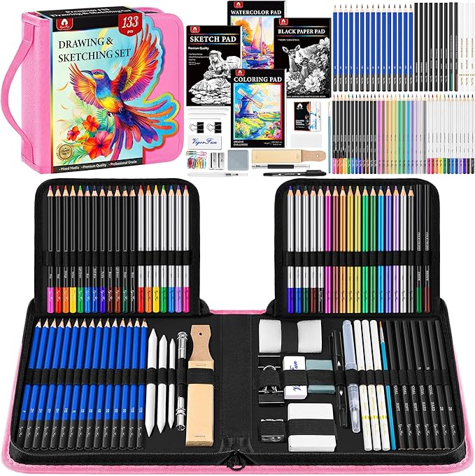 133 PCS Art Supplies Sketching Kit, Pro Drawing Pencils with Sketchbook, Coloring Book, Watercolor Pad, Black Paper Pad, Colored Graphite Charcoal Watercolor & Metallic Pencils for Artists Adults