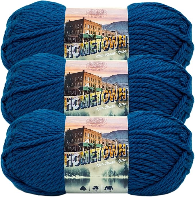 Lion Brand Yarn Hometown Yarn, Super-Bulky Yarn for Knitting, Crocheting, and Crafting, 3 Pack, Athens Blue Sky