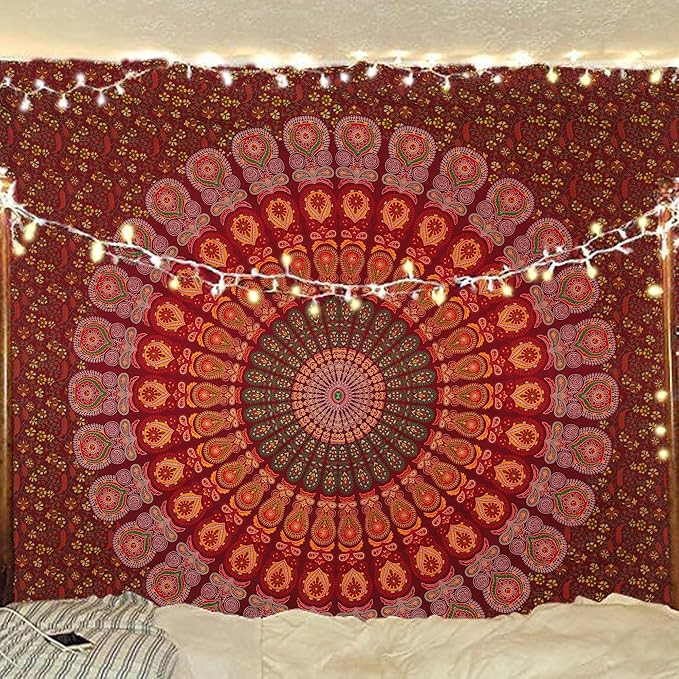 bless international handmade indian hippie bohemian psychedelic peacock mandala wall hanging college dorm beach throws table cloth bedding tapestry (maroon yellow, king(88x104inches)(225x265cms))