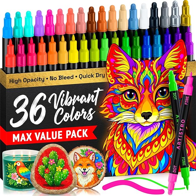 ARTISTRO 36 Acrylic Paint Markers for Rock, Fabric, Wood, Glass, Eggs - Dual-Tip Paint Pens for Coloring Books for Adults, Teens, Kids - Art & Craft Supplies - Gift Idea - Easter Basket Stuffers