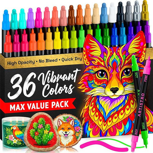 ARTISTRO 36 Acrylic Paint Markers for Rock, Fabric, Wood, Glass, Eggs - Dual-Tip Paint Pens for Coloring Books for Adults, Teens, Kids - Art & Craft Supplies - Gift Idea - Easter Basket Stuffers
