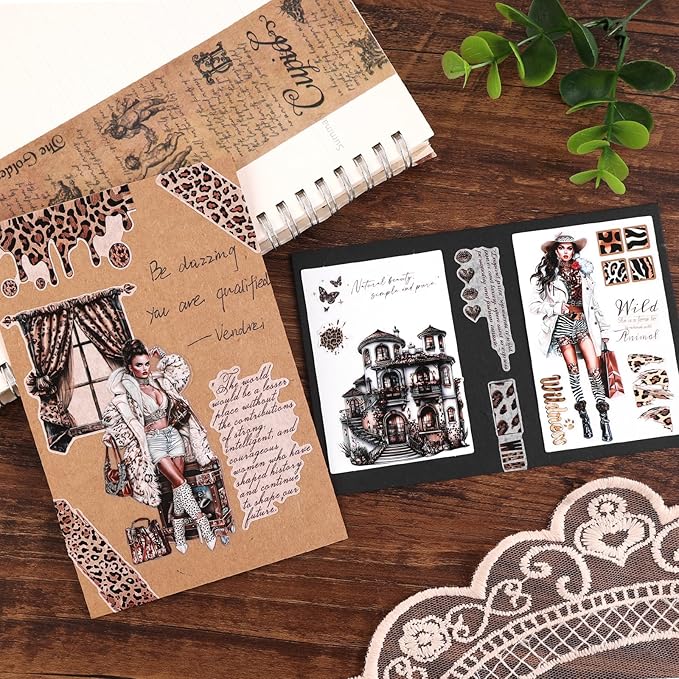 Dizdkizd Washi Tape Set, 4 Pre-Cut Animal Print PET & Washi Tapes Stickers with Diverse Sexy Women, Flowers, Adult Journaling Supplies for Collage Scrapbooks Craft Project