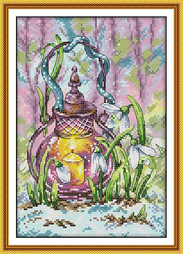 CaptainCrafts New Cross Stitch Kits Embroidery Kit Full Range Pre-Printed and Counted Fabrics Kits for Adults Beginners Home Decor (White Cloth Unpreprint 14CT, Spring Lantern)