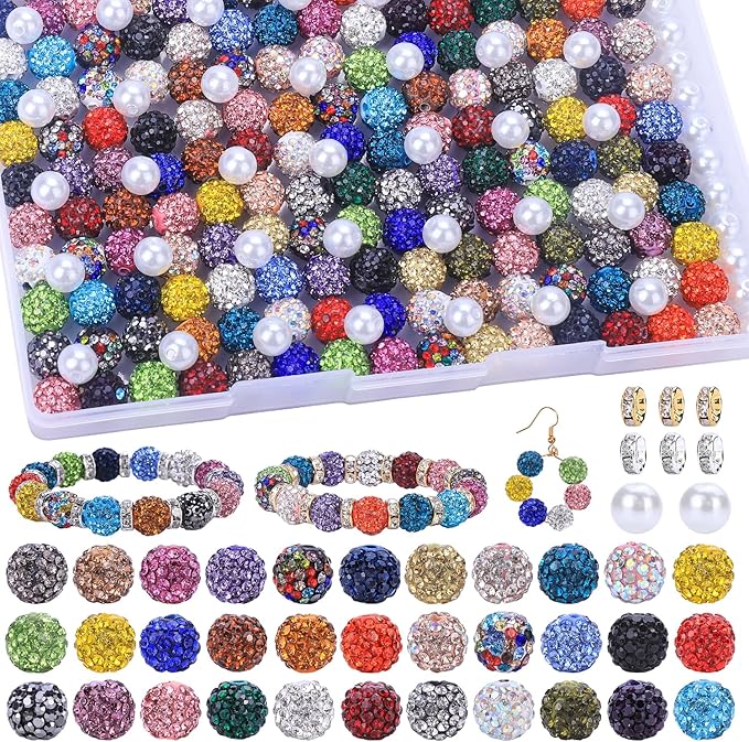AIPRIDY Jewelry Making Beads Set, 300 PCS 10mm Rhinestone Clay Beads, 8mm Mixed Color Spacer Beads with Pearl and Floral Beads for DIY Jewelry Making (Random Mixed)