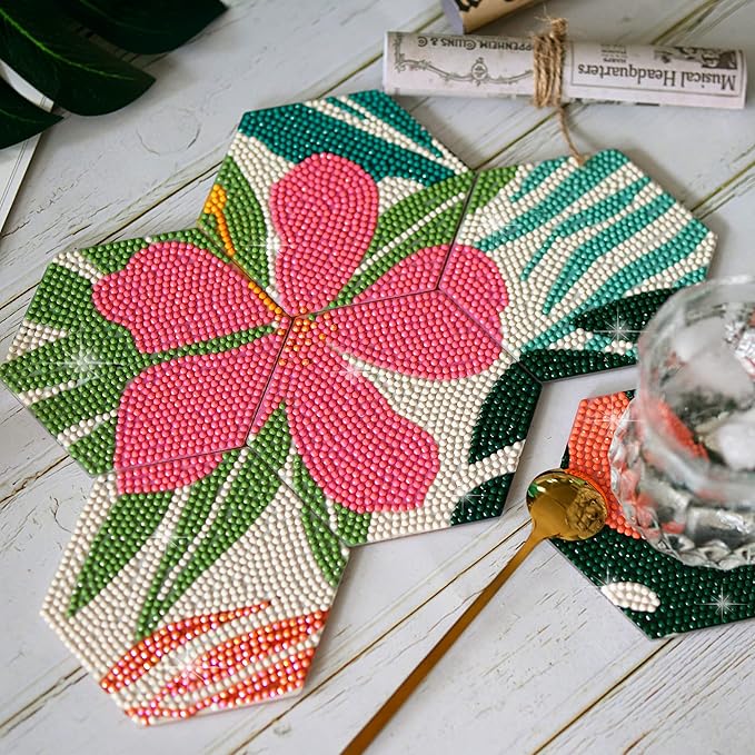 Temlum 6 Pcs Diamond Painting Coasters with Holder, Flower Diamond Art Coasters Diamond Small Painting Kits for Beginners, Adults Art Craft Supplies