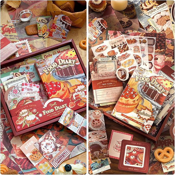 scrapbooking supplies kit, vintage junk journal supplies, scrapbook kit with aesthetic ephemera sticker, cute stationary set, bullet journaling kit, collage craft supplies gift for adult women starter
