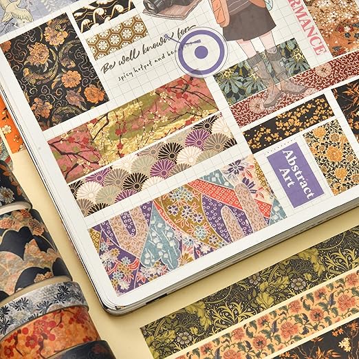 12 Rolls Kyoto Charm Washi Tape Set Japanese Arts Adhesive Tapes Geometric Garden Decorative Masking Tape Sets for Craft, Kids, Scrapbook, DIY, Gift Wrapping (Incense & Fireworks)