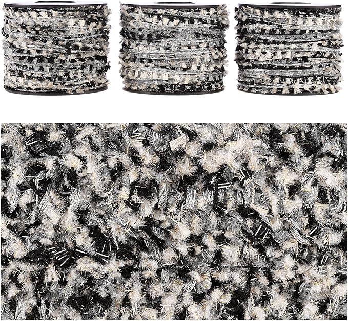 Artisanal Yarn Collection Multifiber Fancy Yarn for Knitting Crocheting Crafts DIY, Set of 3 Rolls (Silver Mist & Black Weave)