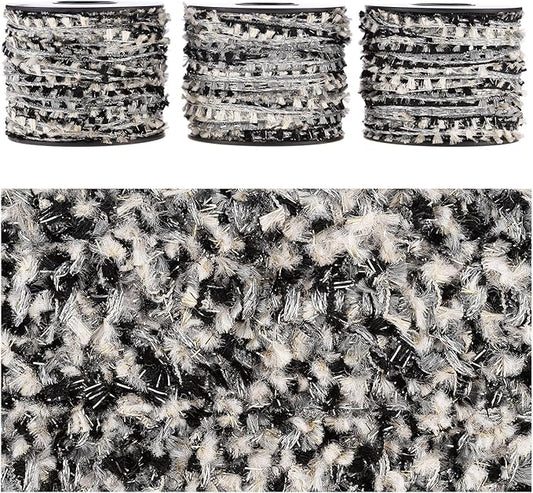 Artisanal Yarn Collection Multifiber Fancy Yarn for Knitting Crocheting Crafts DIY, Set of 3 Rolls (Silver Mist & Black Weave)