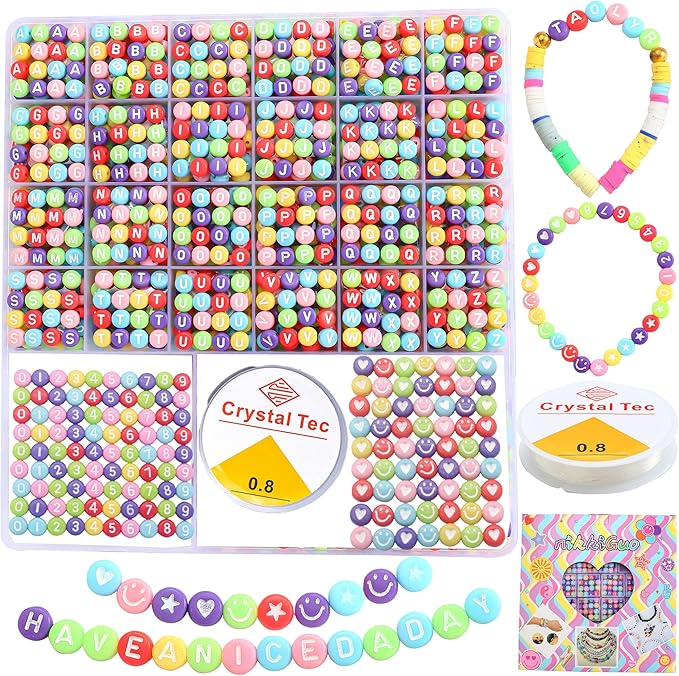 nikkiGuo 1250 PCS Letter Beads Kit with Elastic Cord – Alphabet A–Z, Numbers, Heart, Moon, Star, Smiley Beads for Friendship Bracelets & DIY Jewelry (Colorful Beats & White Letters)
