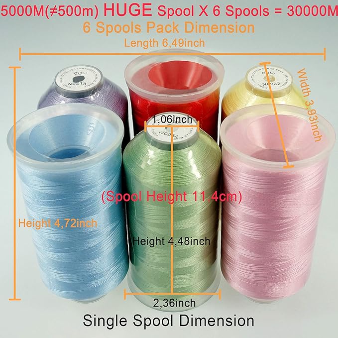 New brothreads - 40 Options- Various Assorted Color Packs of Polyester Embroidery Machine Thread Huge Spool 5000M for All Embroidery Machines -6xPastel Colors 1