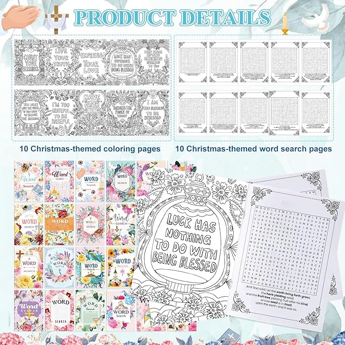 Liliful 144 Pcs Word Search Coloring Book Bulk for Adult Christian Easter Word Search Crafts DIY Drawing Book with Patterns for Party Favors, Goodie Bag Filler and Holiday Gifts