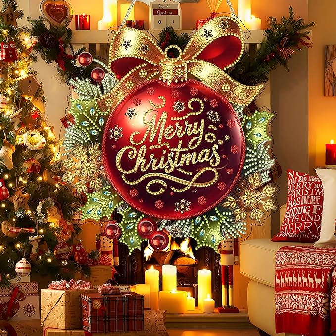 DIY Diamond Art Painting Wreath Kits，Special Shaped Rhinestone Hanging Ornament Diamond Art Window Pendants for Gift Home Garden Wall Hanging Kits,Double Sided (Merry Christmas)