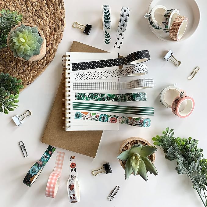 zynshe washi tape set of 16 rolls of 15 mm wide cute decorative washi tape for journaling, scrapbook, washy crafts, bullet journals, planners, diy décor, gift wrapping, craft supplies (meadow)